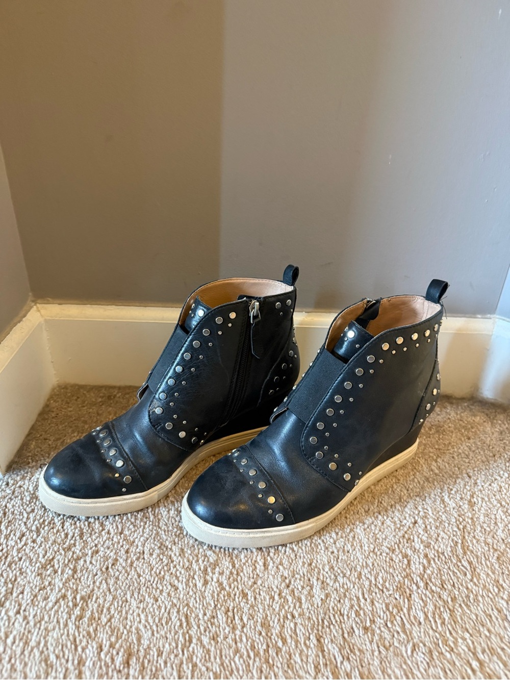 Linea Paolo Black Leather Studded Wedge Sneakers with Cream Sole